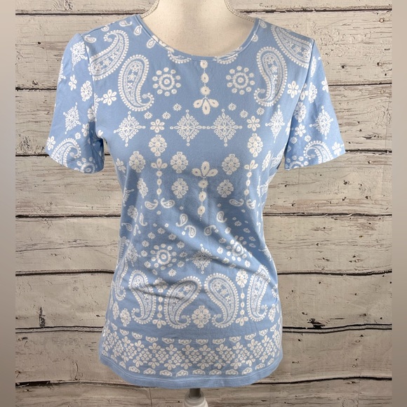 TALBOTS "The Talbots Tee" Bandana Print T-Shirt Blue/White-XS - Picture 1 of 2